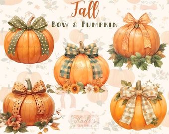 16 Fall Pumpkin with Bow Clipart Bundle, Watercolor Cozy Autumn Pumpkins PNG Images, Printable Halloween Graphics, Commercial Use