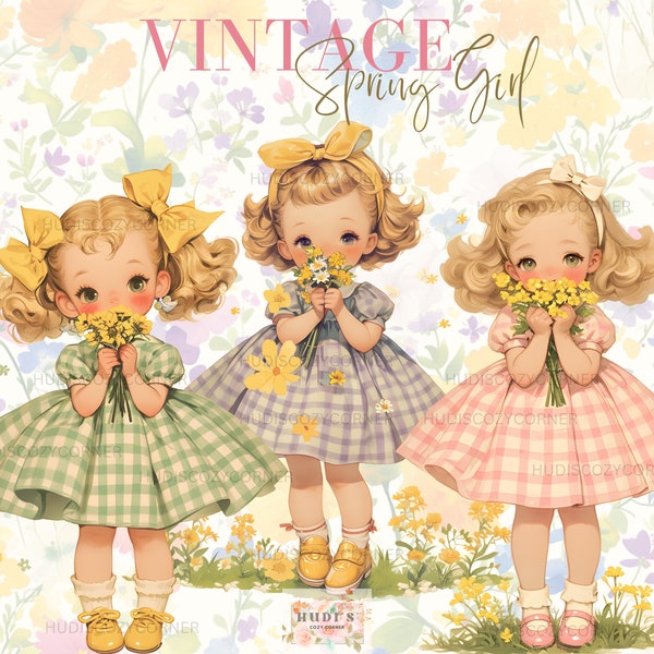 10 Vintage Spring Girl Clipart Bundle, Cute Floral Summer Girls In Plaid Dress, Printable PNG For Paper Crafts, Scrapbooking, Junk Journal