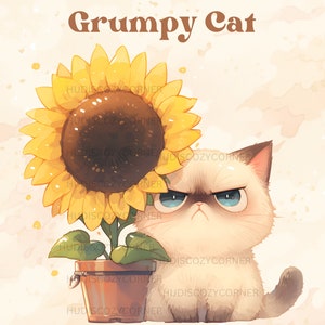 5 Grumpy Flower Cat Clipart, Printable Watercolor JPG Angry Kittens Bundle, Cartoon Style Kitten, Cute Animals Images, Commercial Use