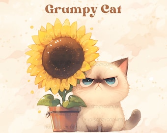 5 Grumpy Flower Cat Clipart, Printable Watercolor JPG Angry Kittens Bundle, Cartoon Style Kitten, Cute Animals Images, Commercial Use