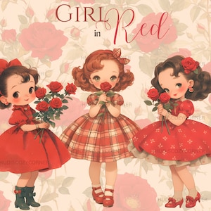 10 Vintage Mädchen in Rot Clipart Bundle, Aquarell Frühling Retro Mädchen im Kleid, druckbare rote Rosen PNG Valentinstag Bilder, kommerzielle Nutzung