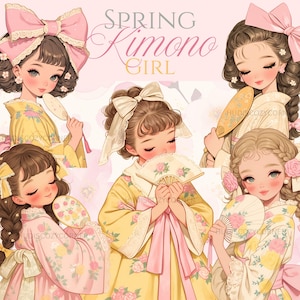 30 Frühling Mädchen in Kimono m. Fan Clipart Bundle, Aquarell rosa und gelbe Frühling Girlies, süße Blumen Mädchen, Junk-Journal, kommerzielle Nutzung