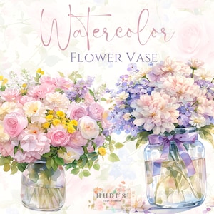 14 clipart de vaso de flores em aquarela, arte botânica, imagens JPG de flores silvestres para impressão para fazer cartões, mídia mista, artesanato em papel digital