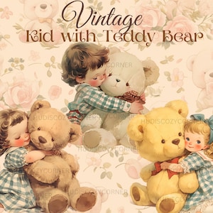 10 lindos dibujos de niños vintage con ositos de peluche, niña y niño en acuarela con grandes ositos de peluche, paquete de guardería PNG, pegatinas digitales, manualidades de papel