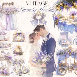 Paquete de 32 imágenes prediseñadas de boda vintage en tonos morados y lavanda, elementos de boda de novios en acuarela, JPG imprimible, creación de tarjetas, descarga digital