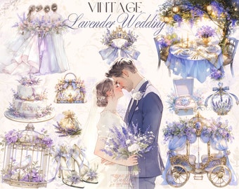 32 Vintage lila Lavendel Hochzeit Clipart Bundle, Aquarell Braut und Bräutigam Hochzeit Elemente, druckbare JPG, Kartenherstellung, digitaler Download