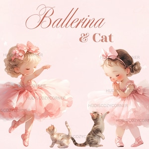 Paquete de 5 imágenes prediseñadas de bailarina y gato, niña rosa en acuarela con gatito, bailarina de ballet PNG imprimible, manualidad de papel, diario basura