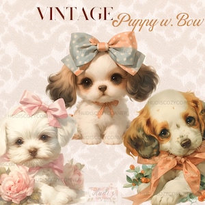 36 Pacote de clipart de filhotes fofos com laço, filhotes vintage em aquarela, imagens de filhotes de cachorro JPG para impressão, diário de lixo, artesanato em papel, uso comercial