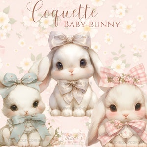 14 süßes Kokette Baby Häschen Clipart Bundle, Aquarell Vintage Hasen mit Schleife, bedruckbare PNG, Junk Journal, Kinderzimmer Dekor, kommerzielle Nutzung