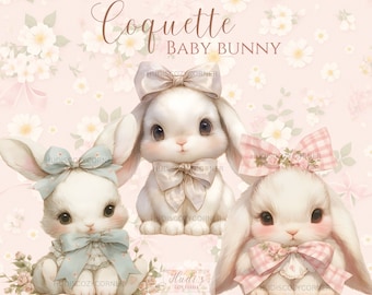 14 Cute Coquette Baby Bunny Clipart Bundle, Watercolor Vintage Bunnies with Bow, Printable PNG, Junk Journal, Nursery Decor, Commercial Use