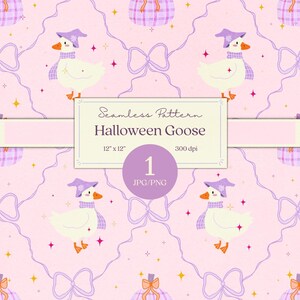 1 Cute Halloween Witch Goose with Pumpkin Hand Drawn Digital Paper, Purple Halloween Seamless Pattern, Scrapbook Paper, Surface Pattern