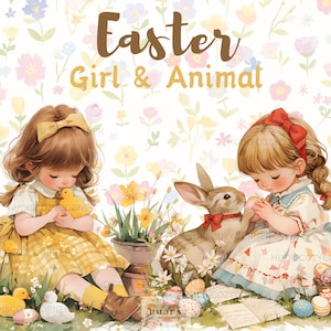 Pacote de 5 clipart vintage de menina e animal da Páscoa, aquarela para criança com pintinho da Páscoa, cordeiro, patinho, coelho, ovos de Páscoa JPG, flor da primavera