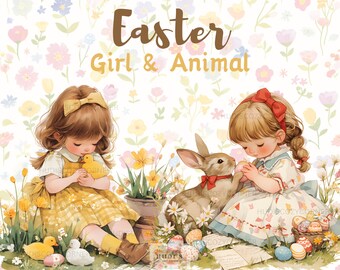 5 Vintage Easter Girl and Animal Clipart Bundle, Watercolor Toddler with Easter Chick, Lamb, Duckling, Bunny, JPG Easter Eggs, Spring Flower