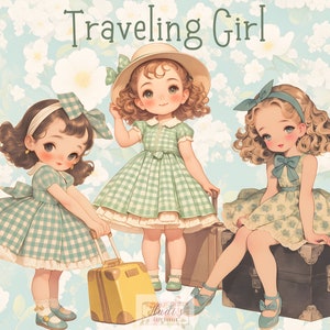 18 cliparts vintage fille voyageant, fille d'été en robe à carreaux menthe et valise, imprimable voyage PNG travaux créatifs en papier, scrapbooking, journal indésirable