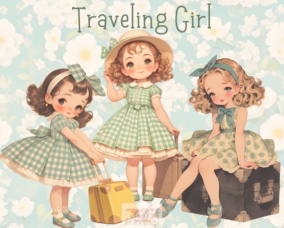 18 Vintage Traveling Girl Clipart, Summer Girl In Plaid Mint Dress and Suitcase, Printable Travel PNG Paper Crafts, Scrapbook, Junk Journal