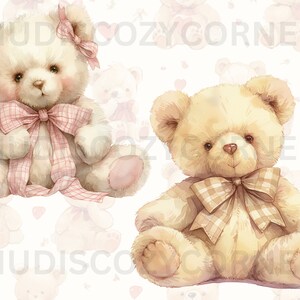 May include: Two plush teddy bears with bows. The bear on the left is white with a pink and white checkered bow. The bear on the right is beige with a brown and white checkered bow.