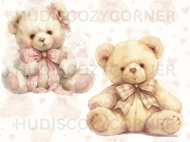 May include: Two plush teddy bears with bows. The bear on the left is white with a pink and white checkered bow. The bear on the right is beige with a brown and white checkered bow.