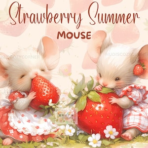 9 Cute Watercolor Summer And Strawberry Mouse Clipart Bundle, Printable Mice Watercolor, JPG Image, Paper craft, Junk Journals