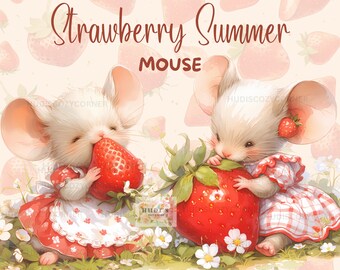 Lot de 9 cliparts mignons aquarelles d'été et de souris aux fraises, aquarelle de souris à imprimer, image JPG, créations en papier et carnets de bords indésirables