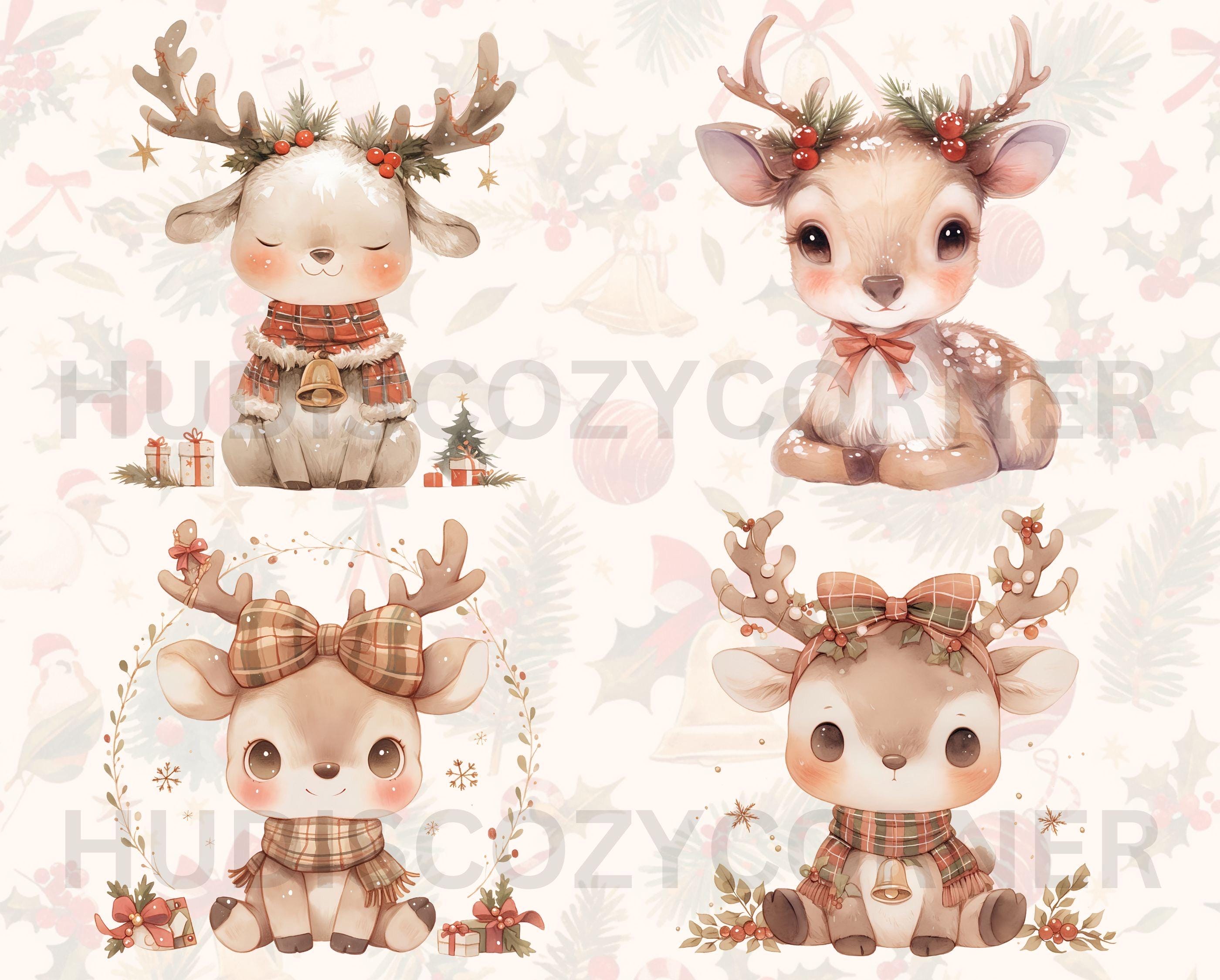 25 Christmas Reindeer Clipart, Watercolor Cute Baby Reindeer Bundle ...