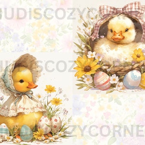 May include: Two yellow ducklings with Easter eggs. One duckling is wearing a bonnet and sitting in a field of flowers. The other duckling is in a nest with flowers and eggs.