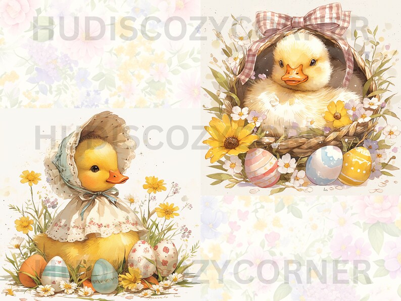 May include: Two yellow ducklings with Easter eggs. One duckling is wearing a bonnet and sitting in a field of flowers. The other duckling is in a nest with flowers and eggs.