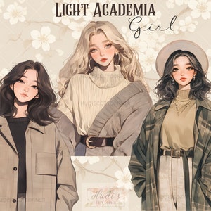 15 Light Academia Girl Clipart Bundle, Ragazza acquerello in abito beige alla moda, PNG stampabile, Junk Journal, Scrapbooking, uso commerciale