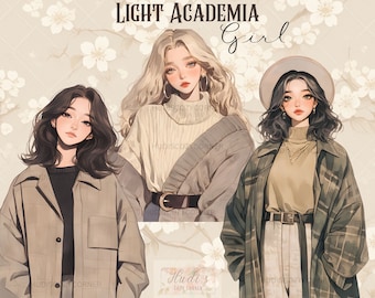 15 Light Academia Girl Clipart Bundle, Watercolor Girl in Beige Fashion Outfit, Printable PNG, Junk Journal, Scrapbooking, Commercial Use