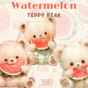 Paquete de 11 imágenes prediseñadas de ositos de peluche de sandía, imagen de ositos de peluche de frutas de verano en acuarela, descarga digital de sublimación PNG imprimible, uso comercial