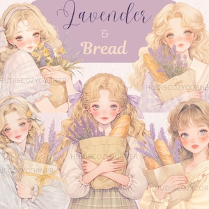 20 imágenes prediseñadas de chicas románticas de verano con lavanda y pan, chicas vintage de acuarela acogedoras con flores, JPG imprimible, pegatinas digitales