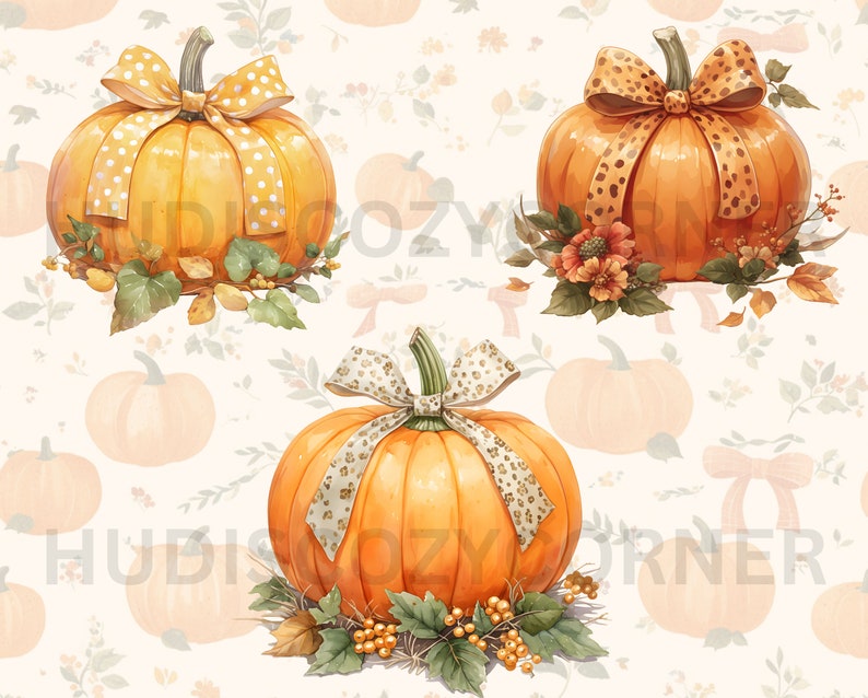 16 Fall Pumpkin With Bow Clipart Bundle, Watercolor Cozy Autumn ...