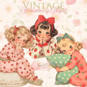 19 vintage Strawberry Night Girl-clipart, schattige meisjes in pastelroze pyjama, afdrukbare png voor knutselen, scrapbooking, junkjournaal