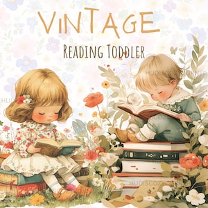 9 Vintage Reading Toddlers Clipart Bundle, akwarelowe wiosenne czytanie dzieci, ilustracje miłośników książek, JPG Nursery Art, School Book