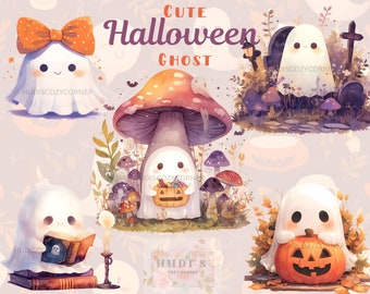 18 かわいいハロウィーンのゴースト クリップアート バンドル、水彩オレンジと紫のハロウィーン、印刷可能なゴースト、魔女、カボチャの画像、商用利用