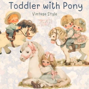 26 imágenes prediseñadas vintage de niños pequeños con poni, niña y niño en acuarela con un lindo caballo poni, paquete de guardería infantil PNG, pegatinas digitales, manualidades de papel