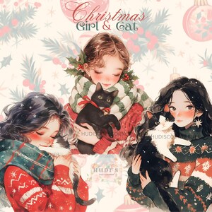 26 Leuk kerstmeisje w. Kattenclipart, aquarel kerstmode, afdrukbare JPG-vakantiebundel, afbeeldingen voor scrapbooking en kaarten maken