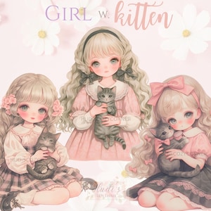 21 imágenes prediseñadas de niña con vestido vintage y gatito, paquete de acuarela para amantes de los gatos, imágenes JPG imprimibles para álbumes de recortes, diario basura y creación de tarjetas