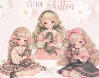 21 Vintage Girl in Dress with Kitten Clipart, Watercolor Cat Lover Bundle, Printable JPG Images for Scrapbooking, Junk Journal, Card Making