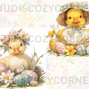 May include: Two yellow ducklings, one wearing a flower crown and the other a straw hat with a blue ribbon, are sitting in nests with colorful Easter eggs. The background is a soft floral pattern.