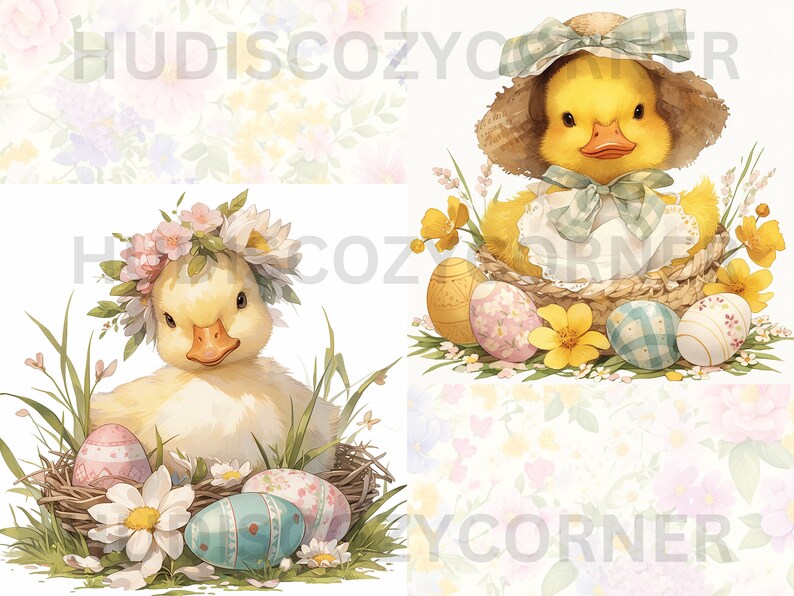 May include: Two yellow ducklings, one wearing a flower crown and the other a straw hat with a blue ribbon, are sitting in nests with colorful Easter eggs. The background is a soft floral pattern.