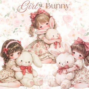 16 Menina Bonita em Vestido com Coelho de Pelúcia Clipart, Menina Aquarela com Coelhinhos, Imagens JPG de Berçário e Chá de Bebê, Artesanato em Papel Digital