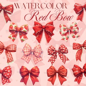 30 süßes rotes Gingham Schleifen Clipart Bundle, Aquarell rotes Coquette Bögen Design, druckbare PNG Baby Mädchen Kinderzimmer Illustrationen, kommerzielle Nutzung