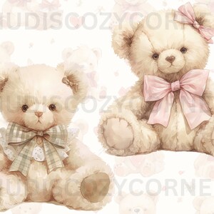 May include: Two plush teddy bears with bows. One bear has a pink bow and the other has a plaid bow. Both bears are sitting on a white background with a pattern of hearts and stars.