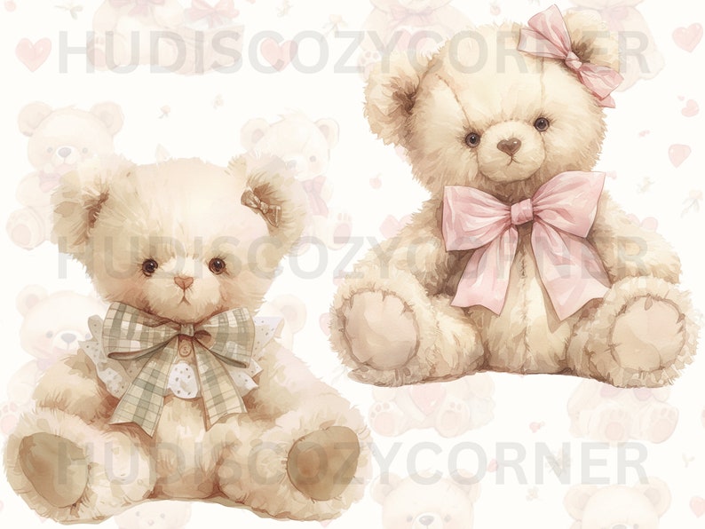 May include: Two plush teddy bears with bows. One bear has a pink bow and the other has a plaid bow. Both bears are sitting on a white background with a pattern of hearts and stars.