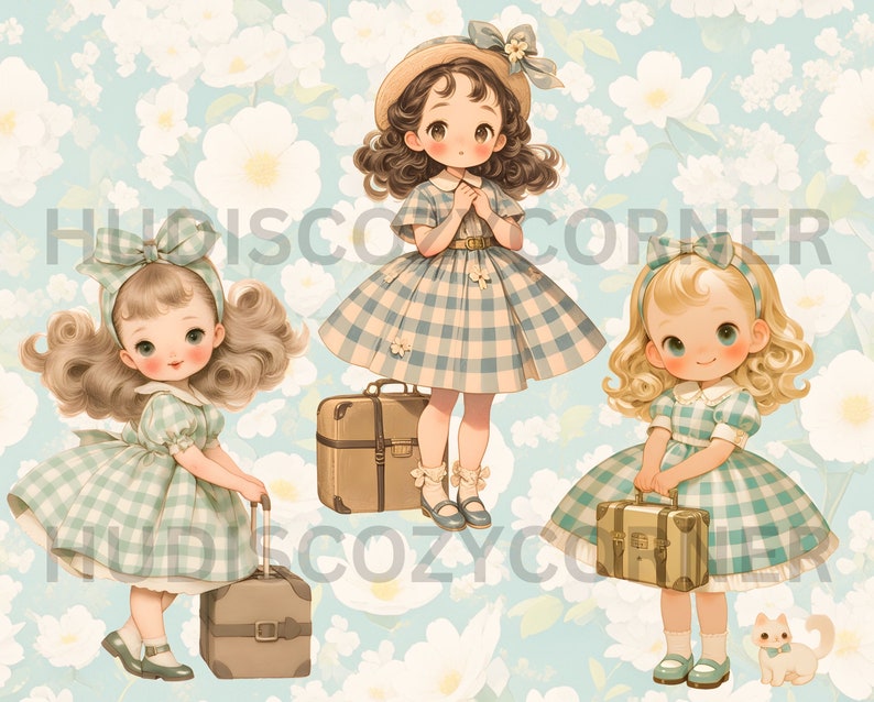 Pode incluir: Tr&ecirc;s meninas com vestidos de xadrez azul e branco e malas marrons. As meninas t&ecirc;m cabelo loiro e castanho com la&ccedil;os. O fundo &eacute; azul claro com flores brancas.