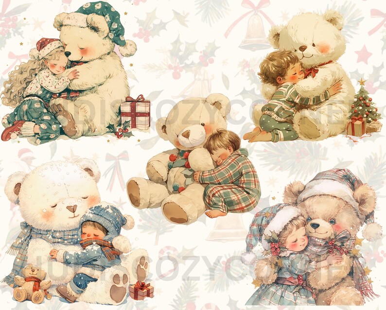 21 Christmas Vintage Kid With Teddy Bear Clipart, Watercolor Girl and