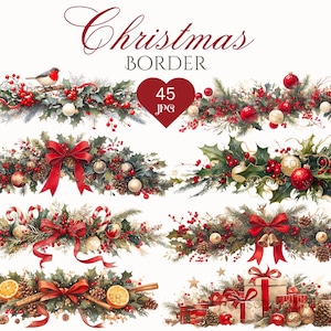 45 guirnaldas navideñas con borde, decoración navideña festiva en acuarela, imágenes prediseñadas para imprimir en formato JPG, para manualidades de papel navideñas, fabricación de tarjetas