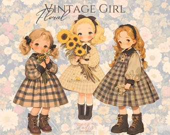 22 Vintage Floral Girl Clipart Bundle, Cute Watercolor Girls In Autumn Dress and Boots, Printable PNG, Paper Crafts, Scrapbook, Junk Journal