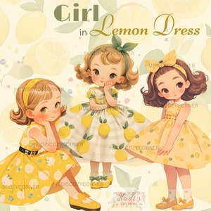 8 Mädchen in Zitrone Kleid Clipart, Vintage Gelbe Kleid Mädchen Bündel, druckbare PNG Sommer Bilder, Zitrus und Obst Illustrationen, kommerzielle Nutzung