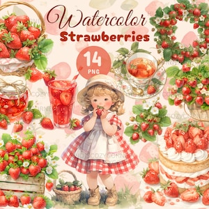 Lot de 14 cliparts aquarelle fraise, graphiques de fruits d'été, confiture, gâteau, thé, fraises dessert, Images PNG imprimables, usage Commercial